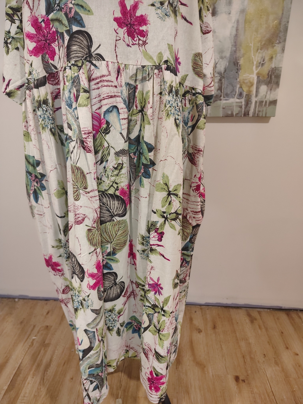 Tropical Linen Floral Maxi Dress in White and Pink 3x - Picture 8 of 12
